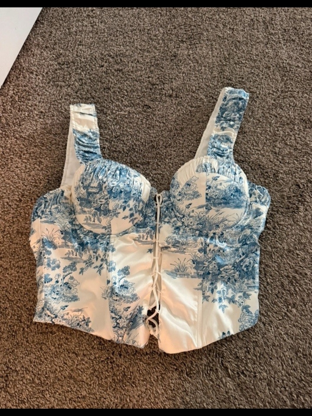 Boohoo Blue and White Toile Lace-Up Corset Crop Top